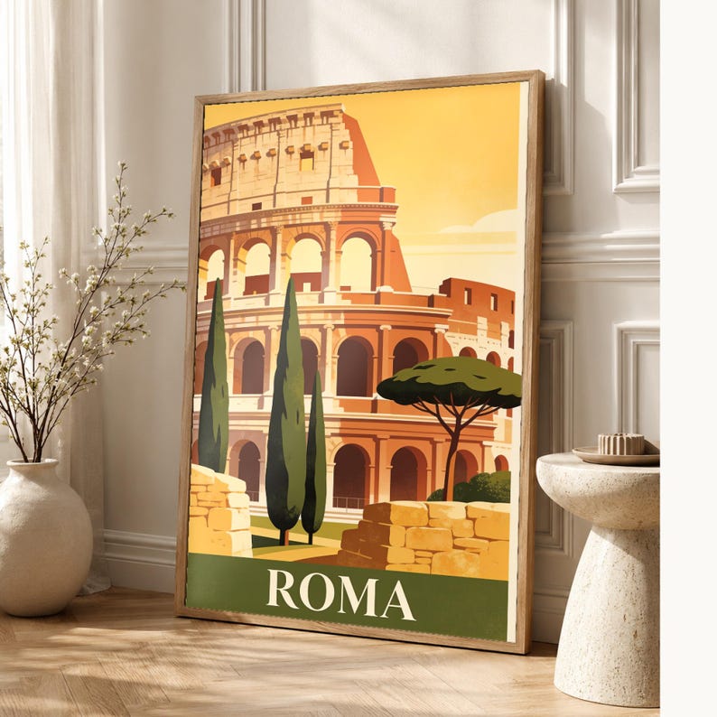 Rome Vintage Travel Poster | Retro Italy City Art Print | Housewarming Gift Wall Decor image 1