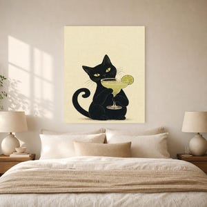 Arte de pared Margarita de gato negro | Cartel de cóctel de lima | Impresión del carrito de la barra | Decoración divertida del bar Noir Cat imagen 6