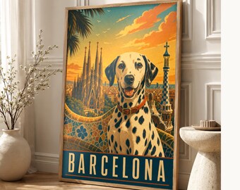 Your Dog in Barcelona | Custom Pet Portrait From Photo | Personalized Dog Cat Travel Poster Gift | Vintage Wall Art