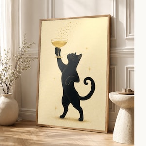 Arte de pared de champán de gato negro | Póster Coupé dorado | Impresión del carrito de la barra | Decoración de celebración del Chic Noir C imagen 1