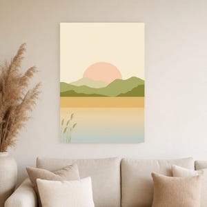 Cuadro decorativo de atardecer en la montaña verde salvia | Póster minimalista de paisaje zen | Lámina para salón con ambiente tranquilo y natural imagen 3