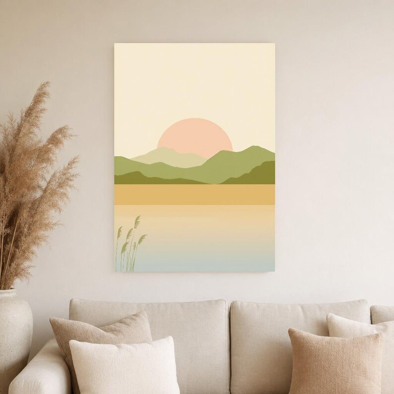 Cuadro decorativo de atardecer en la montaña verde salvia | Póster minimalista de paisaje zen | Lámina para salón con ambiente tranquilo y natural imagen 3