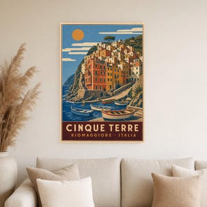 Cinque Terre Travel Poster | Riomaggiore Vintage Wall Art Print | Italian Coast Print | Italian Riviera Decor | Colorful Village Art image 4