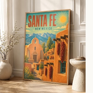 Santa Fe Travel Poster | Vintage Adobe Pueblo Print | New Mexico Wall Art Print | Mid Century City Decor image 1