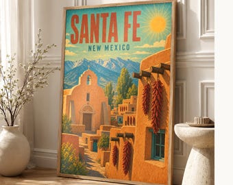 Santa Fe Travel Poster | Vintage Adobe Pueblo Print | New Mexico Wall Art Print | Mid Century City Decor