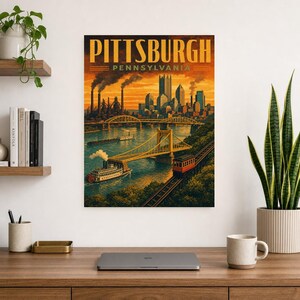 Pittsburgh Travel Poster | Vintage Three Rivers Bridges Print | Pennsylvania Wall Art Print | Mid Century City Decor image 7