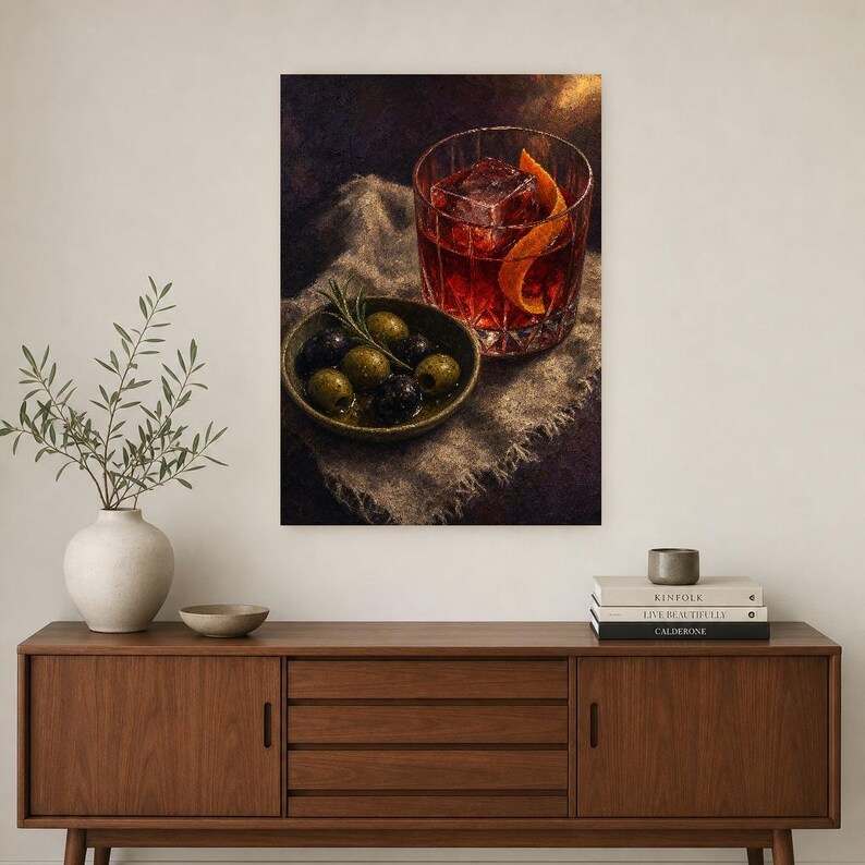 Red Negroni Olives Wall Art Print | Moody Aperitivo Still Life Poster | Bar Cart Decor Print | Cocktail Wall Art image 2