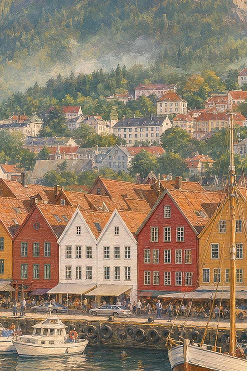 Bergen Travel Poster | Soft Painting Norway Wall Art | Named City Print | Printed & Shipped image 3