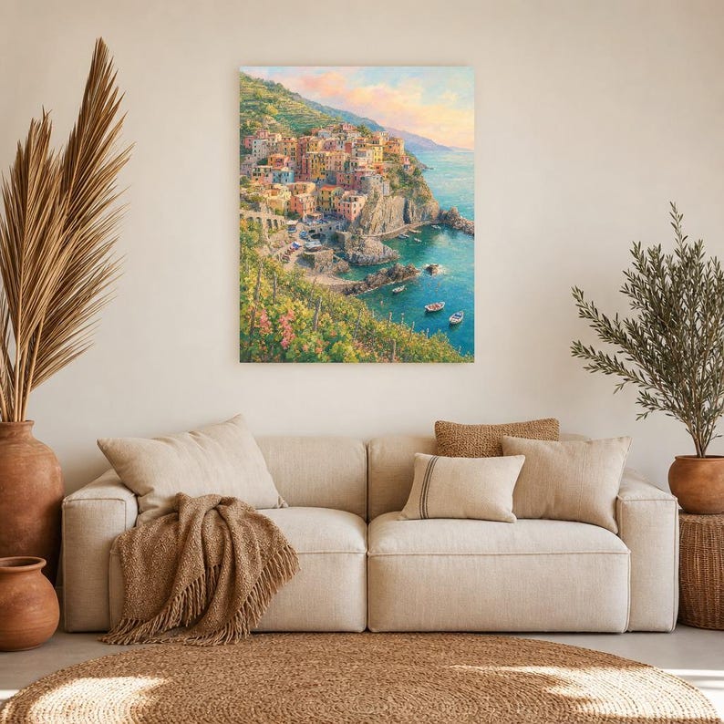 Reisposter Cinque Terre | Zachte schildering Italië Muurdecoratie | Kustprint van Manarola | Gedrukt en verzonden afbeelding 7