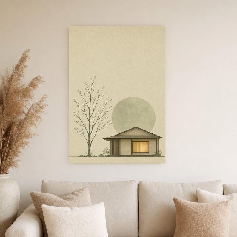 Sage Green Japandi Wall Art Print | Serenity House and Moon | Wabi Sabi Minimal Bedroom Poster image 4