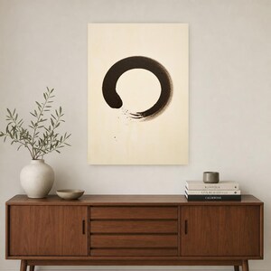 Charcoal Enso Zen Wall Art | Minimalist Ink Brush Circle Poster | Black Cream Meditation Print image 2