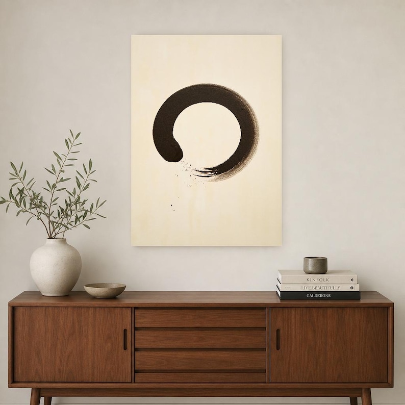 Charcoal Enso Zen Wall Art | Minimalist Ink Brush Circle Poster | Black Cream Meditation Print image 2