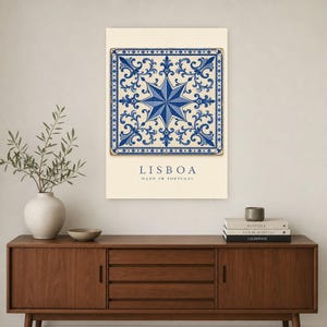 Lisbon Azulejo Tile Wall Art | Cobalt Blue Portuguese Maiolica Poster | Lisbon Travel Print | Mediterranean Kitchen Decor | Portugal Gift image 2