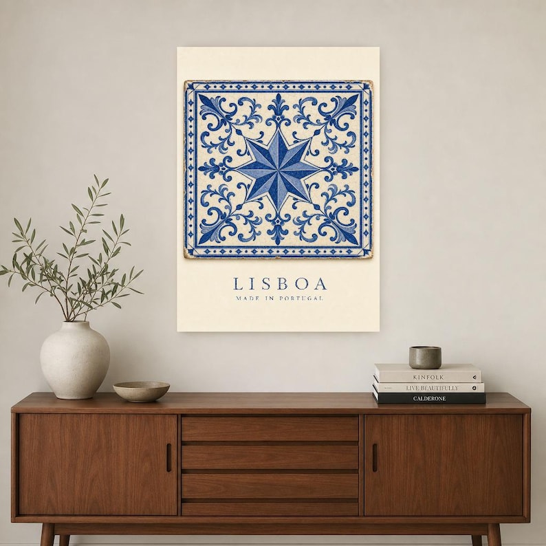 Lisbon Azulejo Tile Wall Art | Cobalt Blue Portuguese Maiolica Poster | Lisbon Travel Print | Mediterranean Kitchen Decor | Portugal Gift image 2