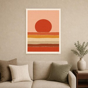 Väggkonsttryck med bränd röd sol i öknen | Minimalistisk terrakottaposter | Soltryck i papper från mitten av århundradet | Boho-inredning bild 9