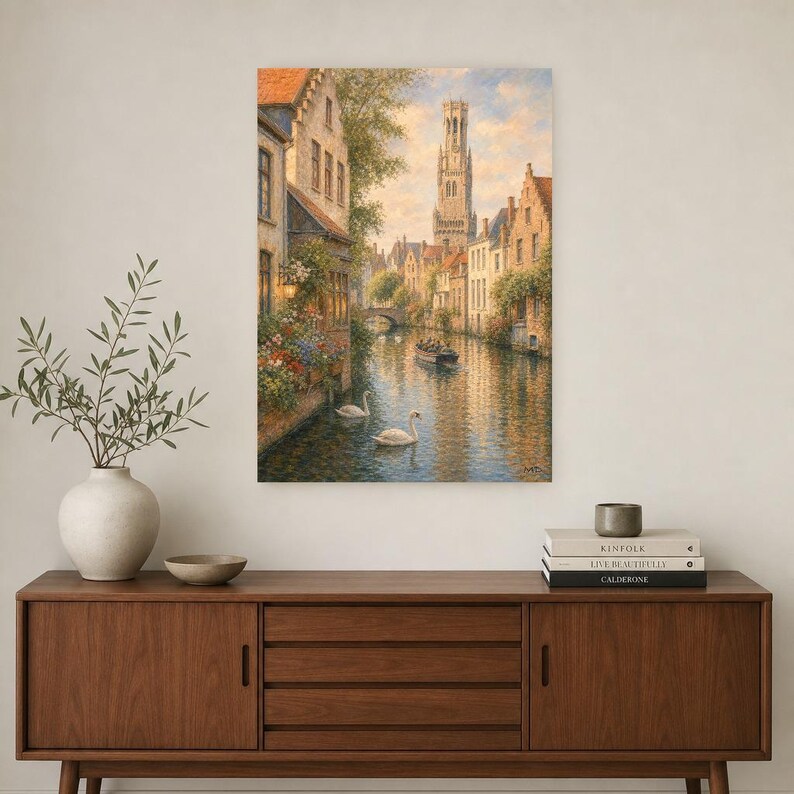 Bruges Travel Poster | Soft Painting Belgium Wall Art | Medieval Canal Cityscape Print | Printed & Shipped image 2