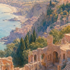 Taormina Travel Poster | Soft Painting Sicily Italy Wall Art | Coastal Etna View Print | Printed & Shipped image 3