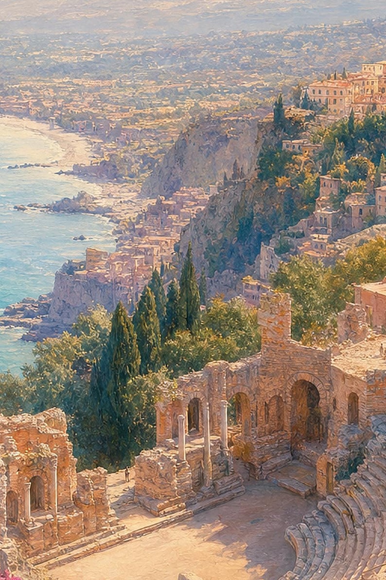 Taormina Travel Poster | Soft Painting Sicily Italy Wall Art | Coastal Etna View Print | Printed & Shipped image 3