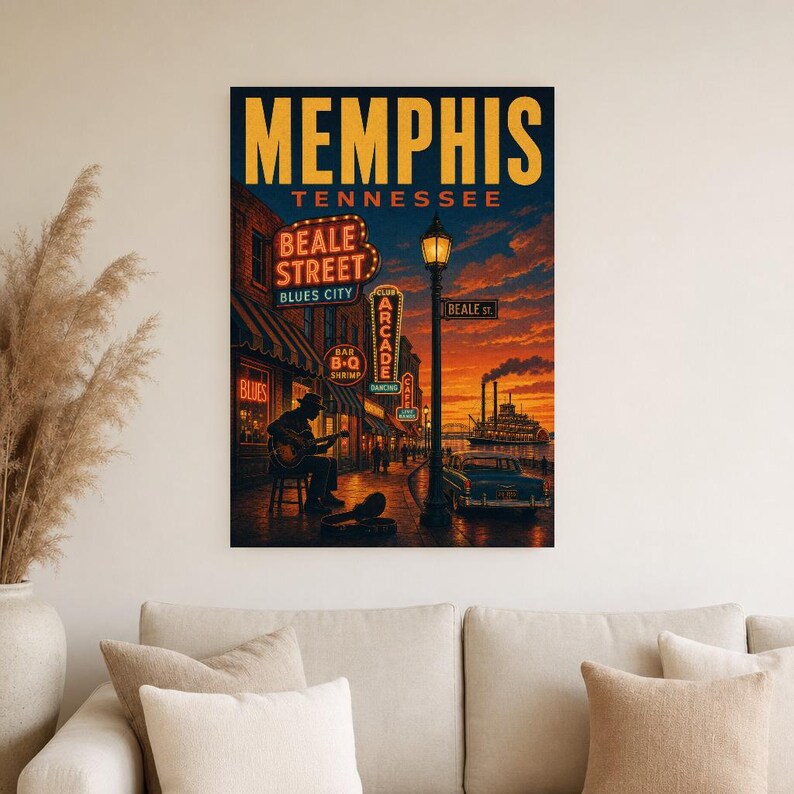 Memphis Travel Poster | Vintage 1950s Beale Street Blues Print | Tennessee Wall Art Print | Mid Century City Decor image 3