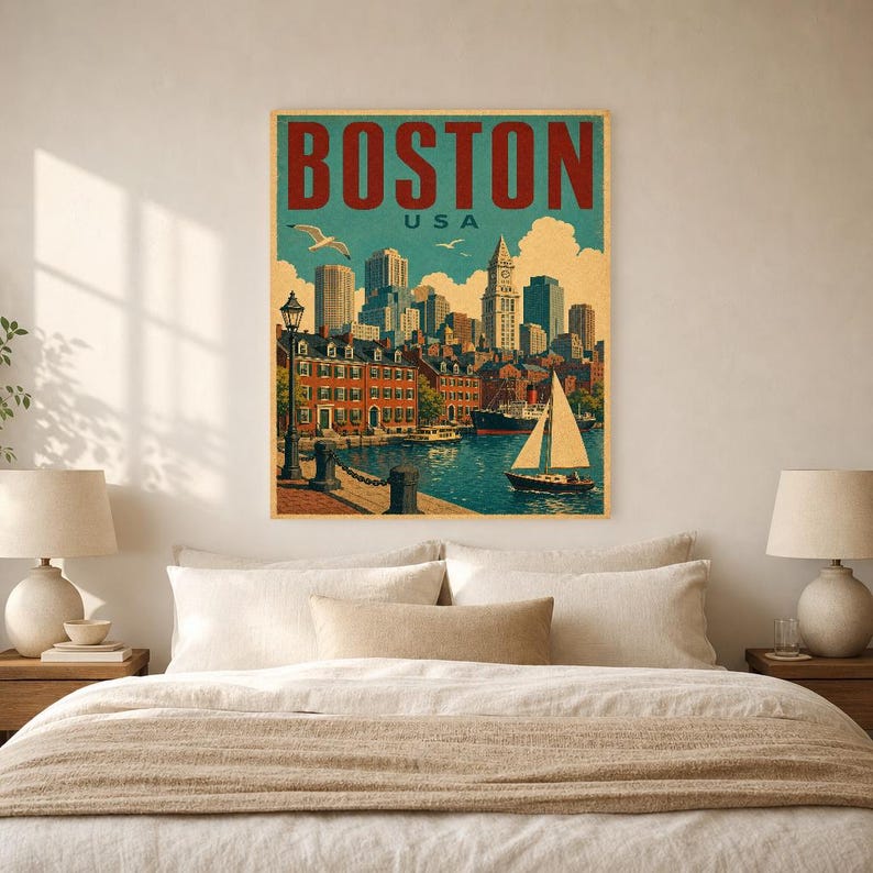 Boston Travel Poster | Vintage 1950s Skyline Harbor Print | Retro Massachusetts Wall Art Print | Mid Century City Decor image 6