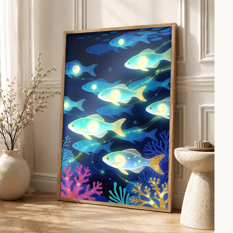 Bioluminescent Fish Shoal Poster | Deep Sea Ocean Bathroom Wall Art Print | Dark Coastal Night Print image 1