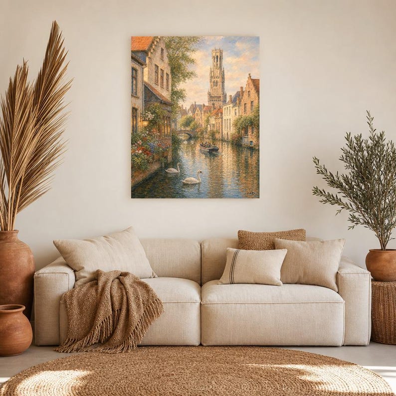 Bruges Travel Poster | Soft Painting Belgium Wall Art | Medieval Canal Cityscape Print | Printed & Shipped image 7