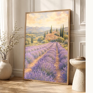 Provence Lavender Poster | Soft Painting France Wall Art | Lavender Fields Landscape Print | Printed & Shipped image 1