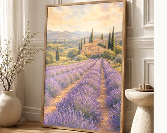 Provence Lavender Poster | Soft Painting France Wall Art | Lavender Fields Landscape Print | Printed & Shipped