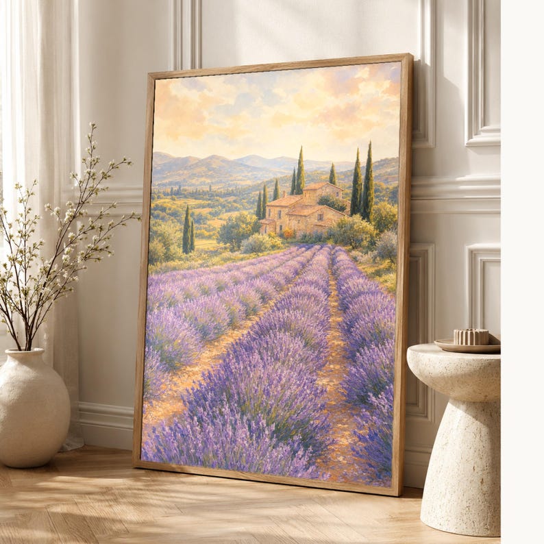Provence Lavender Poster | Soft Painting France Wall Art | Lavender Fields Landscape Print | Printed & Shipped image 1