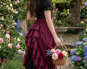 Asymmetrical Ruffle Skirt Women Casual Gothic Medieval Inspired High Waist Layered Maxi Skirt Everyday Wear Boho Vintage Style