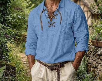 Medieval Viking Linen Shirt Men | Lace-Up Pirate Shirt | Renaissance Boho Summer Top | Loose Fit Historical Costume | LARP Festival Clothing