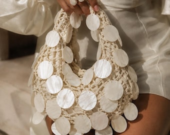 Ivory Crochet Shell Disc Hobo Bag, Pearl Handle Evening Clutch, Y2K Beach Wedding Purse, Handmade Look Wrist Shoulder Bag