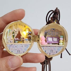 Miniature Walnut Shell Dollhouse,  LED Lighted Craft Kit, DIY Miniature Scene