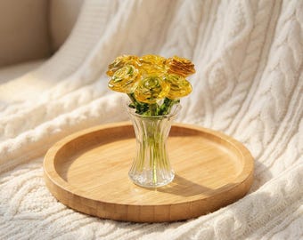 Glass Rose Bouquet with Small Vase, Yellow Floral Decor