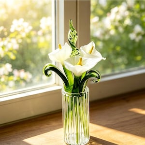 May include: A glass sculpture of three white calla lilies with yellow centers and green stems, featuring swirling green glass leaves and a central spiraled accent, displayed in a clear, vertically ribbed cylindrical glass vase.