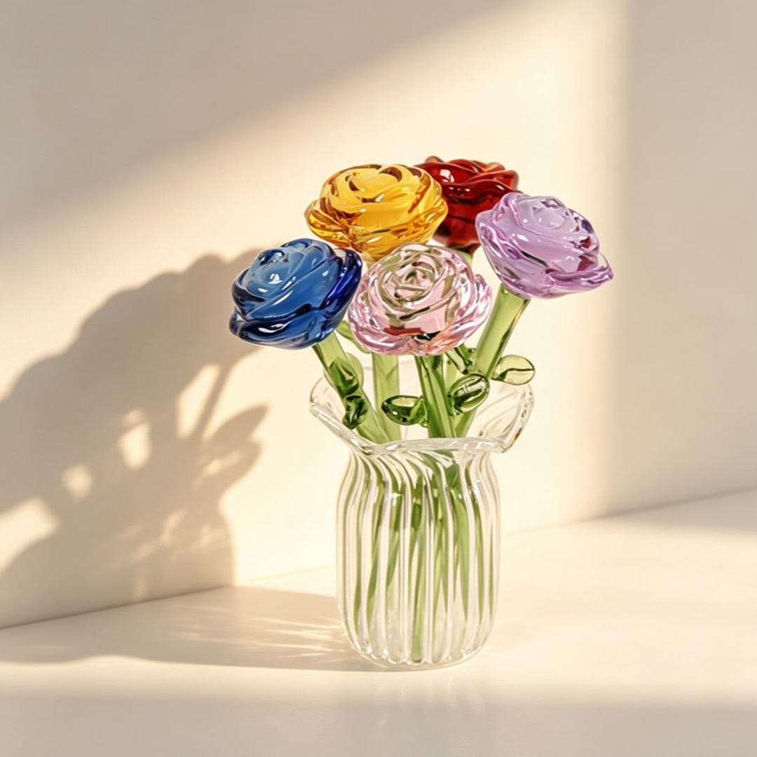 Glass Rose Flowers, Colorful Glass Art Decor, Gift for Her, Desk Plant ...