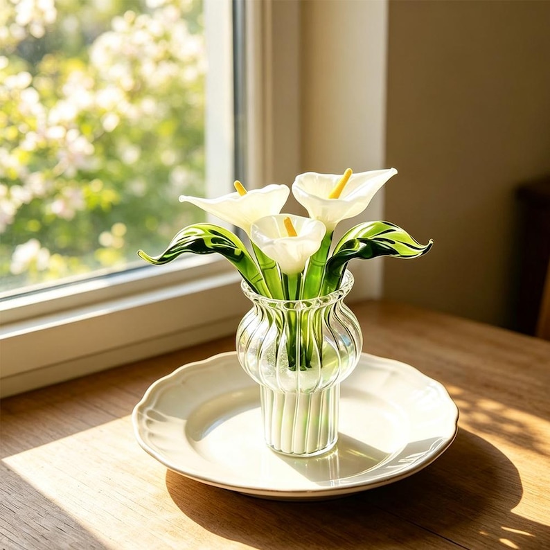 May include: A clear glass vase with vertical ribbing holds three white glass calla lilies with yellow centers and green glass stems and leaves. The vase sits centered on a plain white ceramic plate, showcasing the delicate glass craftsmanship.