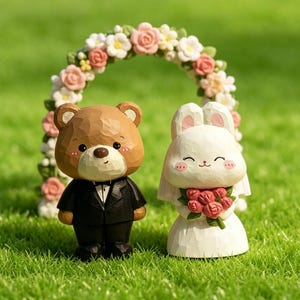 Può includere: Una statuetta di orso marrone che indossa uno smoking nero e una statuetta di coniglio bianco con abito e velo bianchi, posizionate davanti a un arco floreale con fiori rosa e bianchi. Le figure presentano texture intagliate e dettagli dipinti.