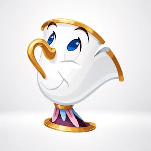 Puede incluir: Una taza de té de cerámica blanca con borde y asa dorados, que presenta una cara de dibujos animados con ojos azules y cejas oscuras. La base es morada con detalles en forma de pétalos rosas y azules, y tiene una pequeña muesca en el borde.
