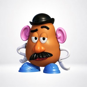 May include: A potato-shaped toy figure with a tan body, wearing a black bowler hat, a thick black mustache, and blue shoes. The figure features pink ears, white arms with white gloves, and a prominent orange nose, standing in a confident pose.