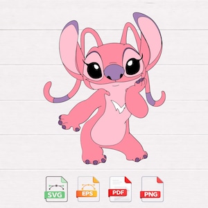Pode incluir: Um personagem de desenho animado rosa com grandes olhos pretos, um nariz roxo e orelhas grandes. O personagem está em uma pose com uma mão perto do rosto. A imagem inclui ícones de tipo de arquivo para SVG, EPS, PDF e PNG.