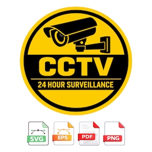 CCTV防犯カメラ24時間監視警告サイン - 印刷可能なデジタルダウンロード | Svg、Png、Pdf、Eps形式 | 即時アクセス