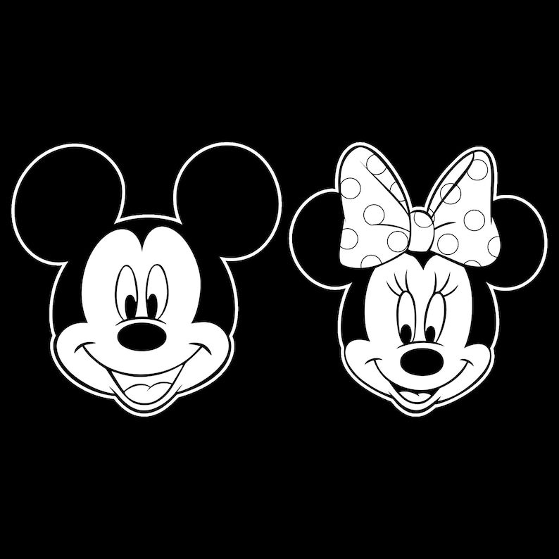 May include: Black and white illustration of Mickey Mouse and Minnie Mouse. Mickey Mouse is on the left, with a smiling face and large ears. Minnie Mouse is on the right, wearing a polka dot bow.