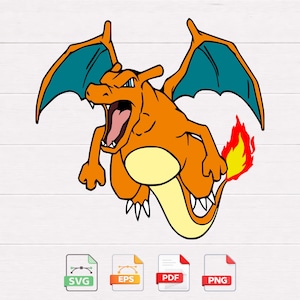 May include: Orange and yellow cartoon illustration of a Charizard with teal wings and a flame on its tail. The image includes file type icons for SVG, EPS, PDF, and PNG formats.