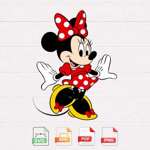 May include: A cartoon illustration of Minnie Mouse, a popular Disney character. She is wearing a red dress with white polka dots, a matching bow, and yellow shoes. Her black ears and tail are visible. The image includes SVG, EPS, PDF, and PNG file type icons.