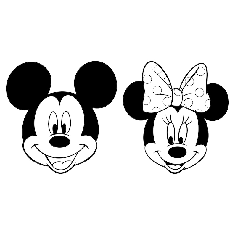 May include: Black and white cartoon illustrations of Mickey Mouse and Minnie Mouse. Mickey has a smiling face with large black ears. Minnie Mouse has a smiling face, large black ears, and a white polka dot bow.