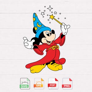 Könnte beinhalten: Cartoon-Illustration von Mickey Mouse als Zauberer, mit einem blauen Hut mit gelben Sternen und einer roten Robe. Er hält einen gelben Zauberstab mit einem Stern am Ende, mit Sternen, die darum herumschweben. Das Bild enthält SVG-, EPS-, PDF- und PNG-Dateityp-Symbole.