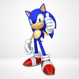 May include: A blue anthropomorphic hedgehog character with large pointed ears, green eyes, and a tan muzzle. The character wears white gloves and red sneakers with white straps and gray soles, and is shown giving a thumbs-up gesture.