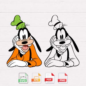 Puede incluir: Dos imágenes de Goofy, una en color y otra en blanco y negro. La imagen en color muestra a Goofy con una camisa naranja, un sombrero verde y orejas negras. La imagen en blanco y negro muestra a Goofy con un gorro de chef. Debajo están los iconos de tipo de archivo SVG, EPS, PDF y PNG.