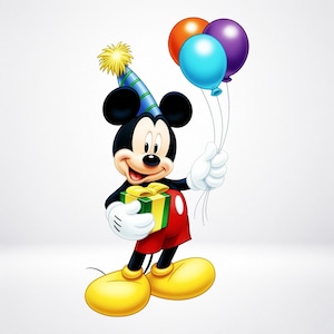 Pode incluir: Uma personagem de desenho animado com orelhas pretas, rosto creme e nariz preto, usando um chapéu de festa às riscas azuis e verdes com um pompom amarelo. A personagem usa calções vermelhos, luvas brancas e sapatos amarelos e segura um presente.